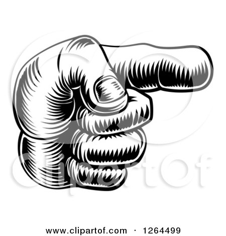 Clipart of a Black and White Engraved Pointing Hand - Royalty Free Vector Illustration by AtStockIllustration