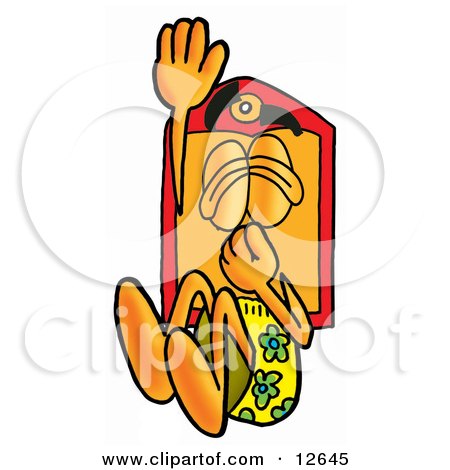 Clipart Picture of a Price Tag Mascot Cartoon Character Plugging His Nose While Jumping Into Water by Mascot Junction
