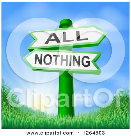 Clipart of 3d All or Nothing Signs over Hills and a Sunrise - Royalty Free Vector Illustration by AtStockIllustration