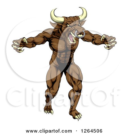 Clipart of a Mad Brown Bull Man Monster Mascot Attacking - Royalty Free Vector Illustration by AtStockIllustration