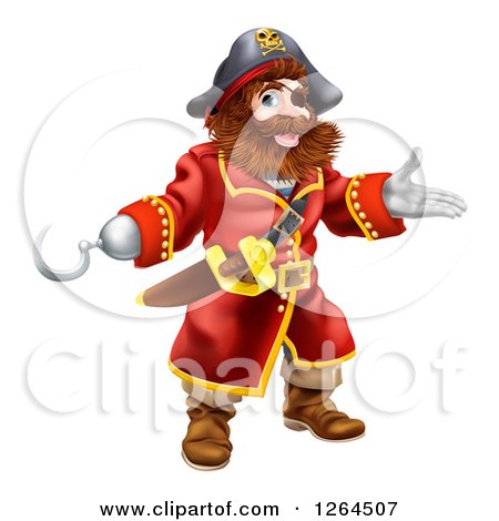 Clipart of a Presenting Pirate Captain with a Hook Hand and Eye Patch - Royalty Free Vector Illustration by AtStockIllustration