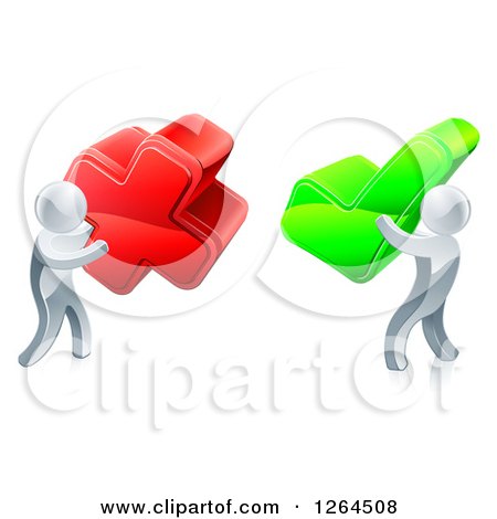 Clipart of 3d Right and Wrong Silver Men with X and Check Marks - Royalty Free Vector Illustration by AtStockIllustration