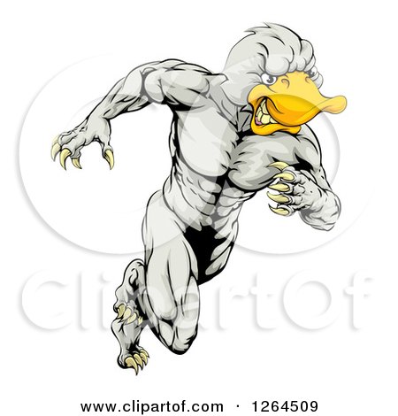 Clipart of an Aggressive Muscular Duck Man Mascot Running - Royalty Free Vector Illustration by AtStockIllustration