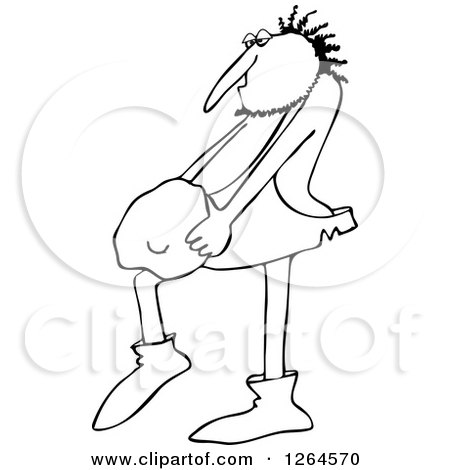 Clipart of a Black and White Hairy Caveman Carrying a Rock - Royalty Free Vector Illustration by djart