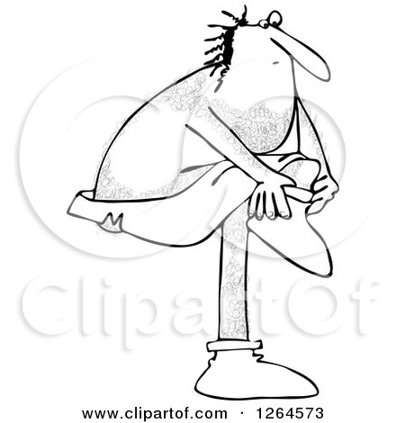 Clipart of a Black and White Hairy Caveman Putting Shoes on - Royalty Free Vector Illustration by djart