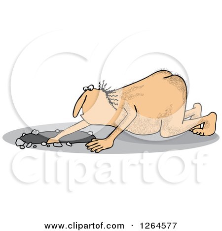 Clipart of a Hairy Nude Caveman Digging a Hole - Royalty Free Vector Illustration by djart