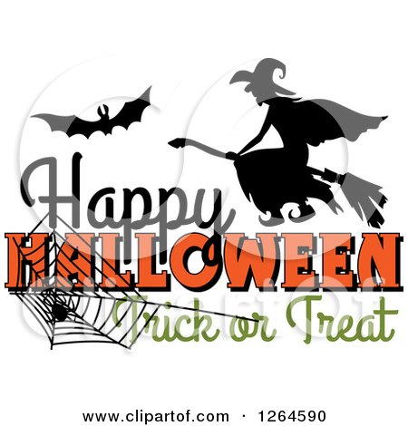 Clipart of a Bat and Witch over Happy Halloween Trick or Treat Text - Royalty Free Vector Illustration by Vector Tradition SM