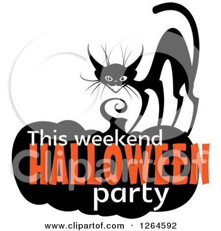 Clipart of a Black Cat with This Weekend Halloween Party Text on a Pumpkin - Royalty Free Vector Illustration by Vector Tradition SM