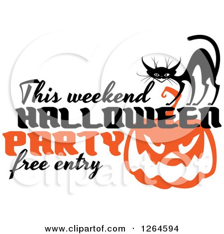 Clipart of a Black Cat with This Weekend Halloween Party Free Entry over a Pumpkin - Royalty Free Vector Illustration by Vector Tradition SM