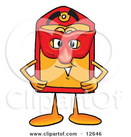 Clipart Picture of a Price Tag Mascot Cartoon Character Wearing a Red Mask Over His Face by Mascot Junction