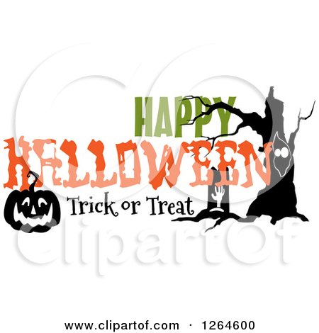 Clipart of a Rising Zombie and Jackolantern with Happy Halloween Trick or Treat Text - Royalty Free Vector Illustration by Vector Tradition SM