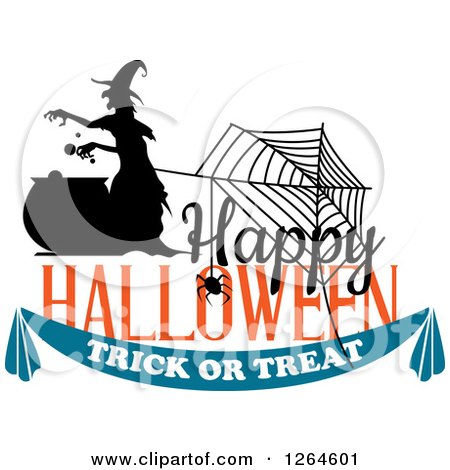 Clipart of a Witch and Spiderweb with Happy Halloween Trick or Treat Text - Royalty Free Vector Illustration by Vector Tradition SM