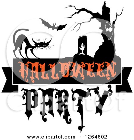 Clipart of a Rising Zombie, Bat, Tree and Cat with Halloween Party Text - Royalty Free Vector Illustration by Vector Tradition SM