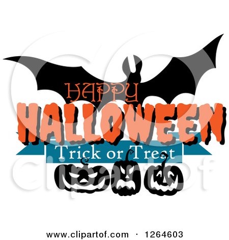Clipart of a Vampire Bat with Jackolanterns and Happy Halloween Trick or Treat Text - Royalty Free Vector Illustration by Vector Tradition SM