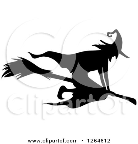 Clipart of a Black Silhouetted Witch Flying on a Broomstick - Royalty Free Vector Illustration by Vector Tradition SM