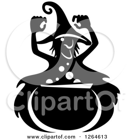 Clipart of a Black and White Witch over a Cauldron - Royalty Free Vector Illustration by Vector Tradition SM