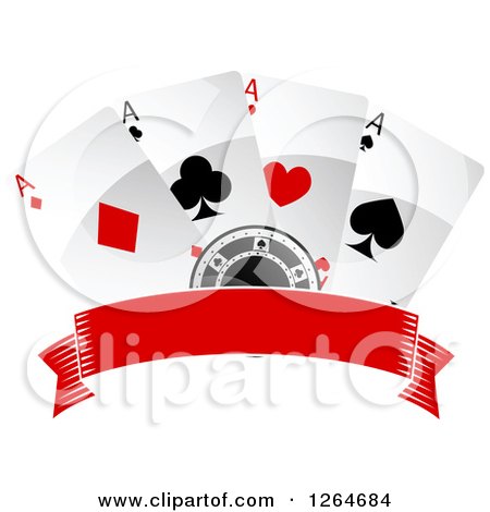 Clipart of a Poker Chip with Playing Cards over a Blank Banner - Royalty Free Vector Illustration by Vector Tradition SM