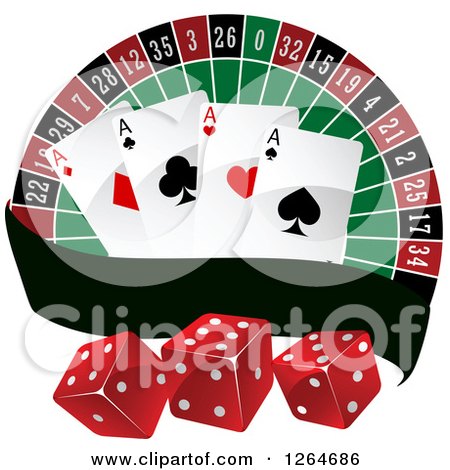 Clipart of a Roulette with Playing Cards and Dice with a Blank Banner| Royalty Free Vector Illustration by Vector Tradition SM