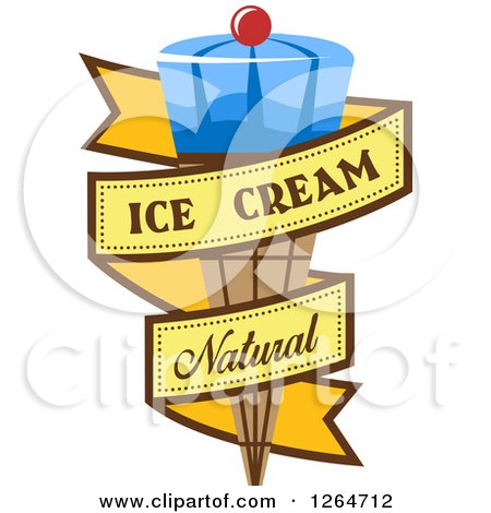 Clipart of a Blue Waffle Ice Cream Cone in a Yellow Natural Ribbon Banner - Royalty Free Vector Illustration by Vector Tradition SM