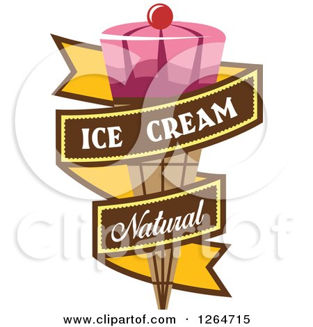 Clipart of a Pink Waffle Ice Cream Cone in a Yellow Natural Ribbon Banner - Royalty Free Vector Illustration by Vector Tradition SM