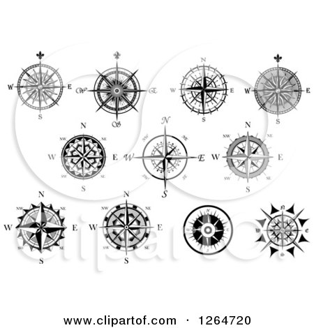 Clipart of Black and White Compass Rose Designs - Royalty Free Vector Illustration by Vector Tradition SM