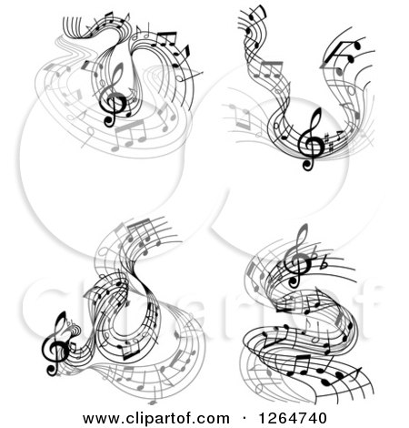 Clipart of Grayscale Flowing Music Note Designs - Royalty Free Vector Illustration by Vector Tradition SM