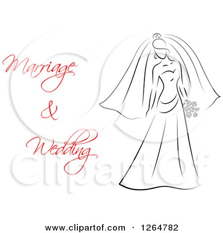 Clipart of a Black and White Sketched Bride with Red Marriage and Wedding Text - Royalty Free Vector Illustration by Vector Tradition SM