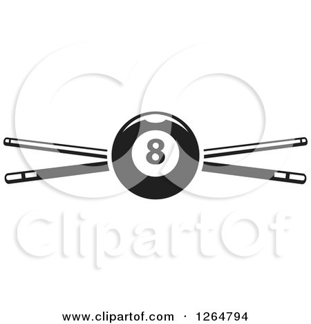Clipart of a Black and White Billiards Pool Eightball over Crossed Cue Sticks - Royalty Free Vector Illustration by Vector Tradition SM