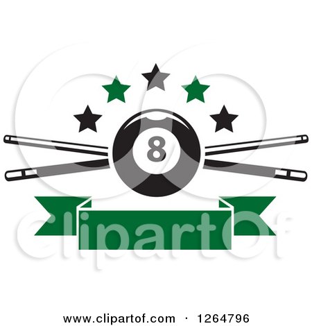 Clipart of a Billiards Pool Eightball over Crossed Cue Sticks with Stars and a Blank Green Ribbon Banner - Royalty Free Vector Illustration by Vector Tradition SM