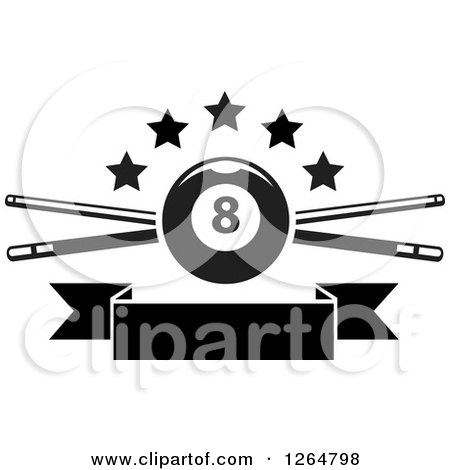 Clipart of a Black and White Billiards Pool Eightball over Crossed Cue Sticks with Stars and a Blank Ribbon Banner - Royalty Free Vector Illustration by Vector Tradition SM