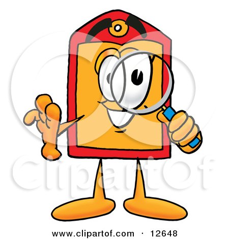 Clipart Picture of a Price Tag Mascot Cartoon Character Looking Through a Magnifying Glass by Mascot Junction