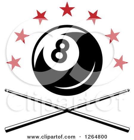 Clipart of a Billiards Pool Eightball over Crossed Cue Sticks and Red Stars - Royalty Free Vector Illustration by Vector Tradition SM