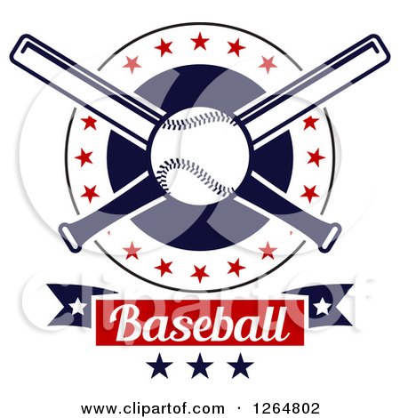 Clipart of a Baseball and Crossed Bats in a Circle with Stars Above a Text Banner - Royalty Free Vector Illustration by Vector Tradition SM