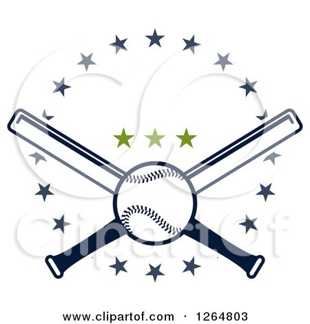 Clipart of a Navy Blue Baseball over Crossed Bats in a Star Circle with Three Green Stars - Royalty Free Vector Illustration by Vector Tradition SM