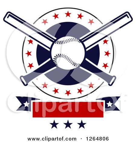 Clipart of a Baseball and Crossed Bats in a Circle with Stars Above a Red Banner - Royalty Free Vector Illustration by Vector Tradition SM