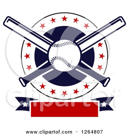 Clipart of a Baseball and Crossed Bats in a Circle with Stars Above a Blank Red Banner - Royalty Free Vector Illustration by Vector Tradition SM