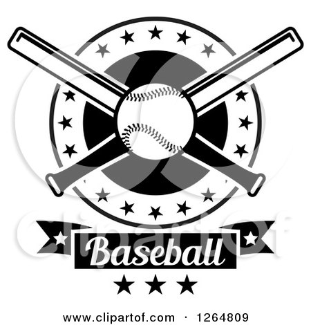 Clipart of a Black and White Baseball and Crossed Bats in a Circle with Stars Above a Text Banner - Royalty Free Vector Illustration by Vector Tradition SM