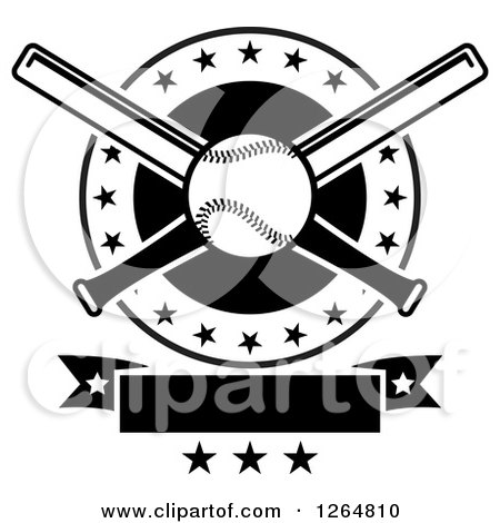 Clipart of a Black and White Baseball and Crossed Bats in a Circle with Stars Above a Blank Ribbon Banner - Royalty Free Vector Illustration by Vector Tradition SM