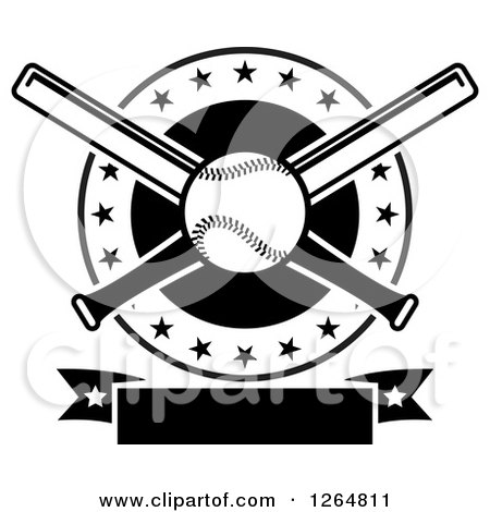 Clipart of a Black and White Baseball and Crossed Bats in a Circle with Stars Above a Blank Banner - Royalty Free Vector Illustration by Vector Tradition SM