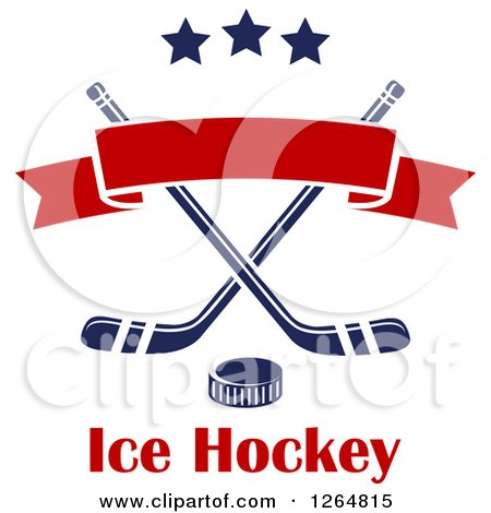 Clipart of a Hockey Puck over Crossed Sticks with a Red Ribbon Banner and Stars Above Text - Royalty Free Vector Illustration by Vector Tradition SM