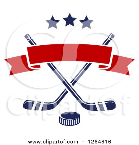 Clipart of a Hockey Puck over Crossed Sticks with a Red Ribbon Banner and Stars - Royalty Free Vector Illustration by Vector Tradition SM