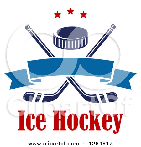 Clipart of a Hockey Puck over Crossed Sticks with a Blue Ribbon Banner and Stars Above Text - Royalty Free Vector Illustration by Vector Tradition SM