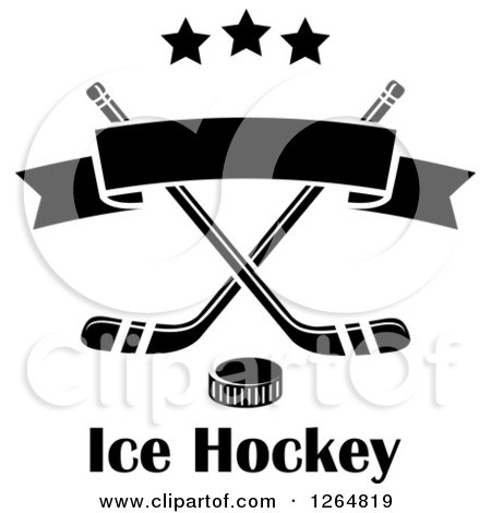 Clipart of a Black and White Hockey Puck over Crossed Sticks with a Ribbon Banner, Stars and Text - Royalty Free Vector Illustration by Vector Tradition SM