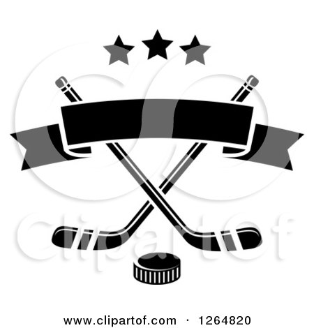 Clipart of a Black and White Hockey Puck over Crossed Sticks with a Ribbon Banner and Stars - Royalty Free Vector Illustration by Vector Tradition SM
