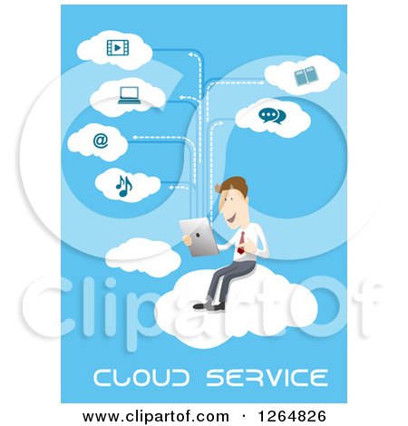 Clipart of a Businessman Using the Cloud Service with a Tablet Computer - Royalty Free Vector Illustration by Vector Tradition SM
