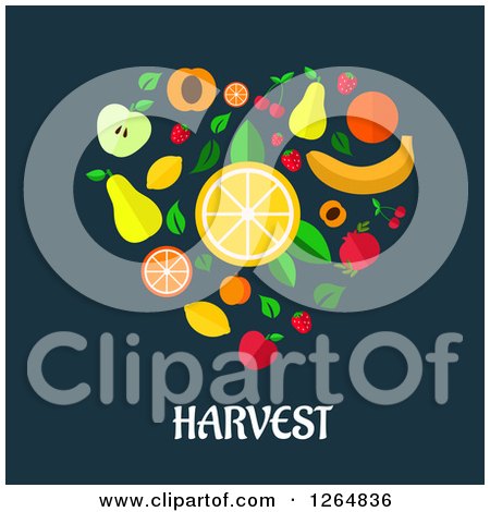 Clipart of a Heart Made of Fruit over Harvest Text on Blue - Royalty Free Vector Illustration by Vector Tradition SM