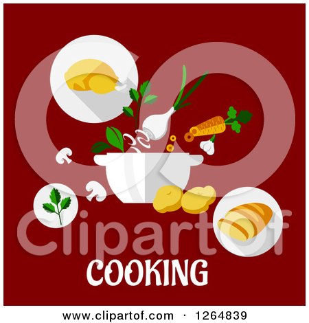 Clipart of a Pot and Food with Cooking Text on Red - Royalty Free Vector Illustration by Vector Tradition SM