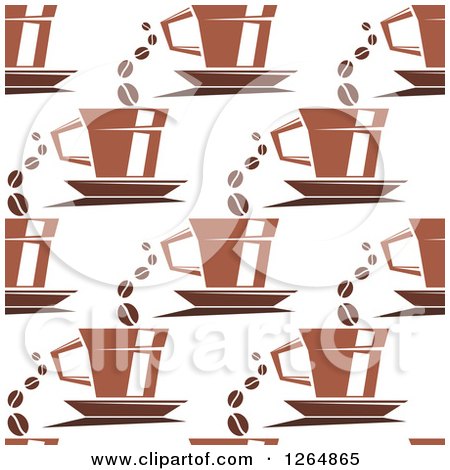 Clipart of a Seamless Background Pattern of Brown Coffee Cups and Beans - Royalty Free Vector Illustration by Vector Tradition SM