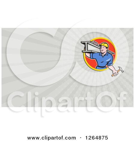 Clipart of a Construction Worker Carrying a Beam and Hammer and Rays Business Card Design - Royalty Free Illustration by patrimonio