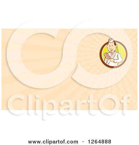 Clipart of a Happy Asian Chef with a Meat Cleaver and Rays Business Card Design - Royalty Free Illustration by patrimonio
